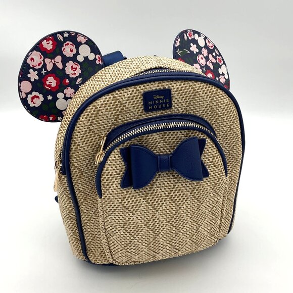 Disney Handbags - Bioworld Disney Minnie Mouse Floral Ears Woven Mini Backpack Navy Trim NWT